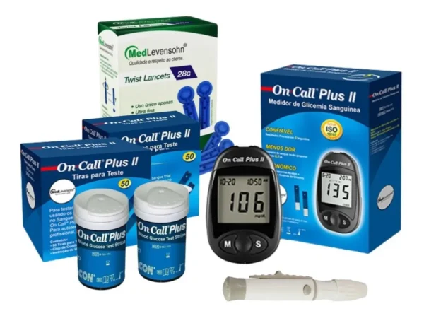 Medidor De Glicose+100 Lancetas+100 Tiras On Call Plus Ii Cor Azul