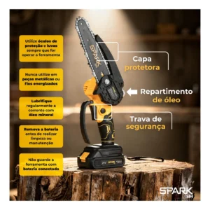 Kit Mini Serra 6 Polegadas Motosserra Eletrica Spark Br Portatil 2 Baterias Recarregável 21v Trava Segurança Acessórios Maleta Corrente Extra Bivolt - Imagem 5