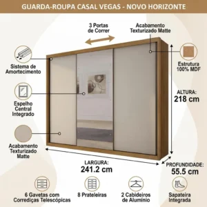 Guarda-Roupa Casal 3 Portas Correr Espelho MDF Fosco Horizonte Vegas - Imagem 2