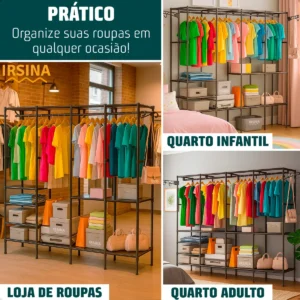 Guarda Roupa Cabideiro Organizador Closet Aberto Desmontavel Arara Divisórias 10 Prateleiras Aço Resistente Preto Irsina - Imagem 4