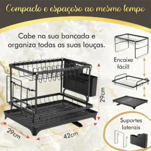 Escorredor De Louça Revestimento Inoxidável Com Porta Pratos Talheres Copos Com 360° Automática Drenagem 2 Andares Hiper Casa Megastore Preto - Imagem 4