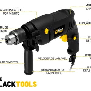 Furadeira De Impacto 13mm 750w Profissional Com Kit Brocas Buchas E Bits 300 Peças The Black Tools - Imagem 2