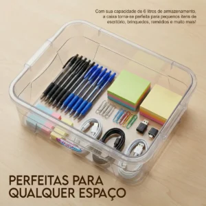 Caixa Organizadora Transparente 6 Litros Com Tampa Kit 3 Unidades Plástico Multiuso Empilhável Armazenamento Doméstico Ponte Lar - Imagem 4