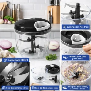 Triturador de Alimentos Manual 900ml com 5 Lâminas Inox – Picador de Cebola Alho Legumes e Temperos Pétalas Douradas Fatiador Cortador - Imagem 2