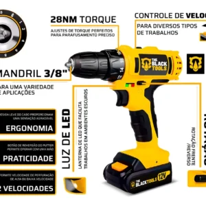 Jogo De Ferramentas 169 Peças Com Maleta E Furadeira Parafusadeira Sem Fio A Bateria Tb-12e 12v 3/8 10mm The Black Tools - Imagem 2