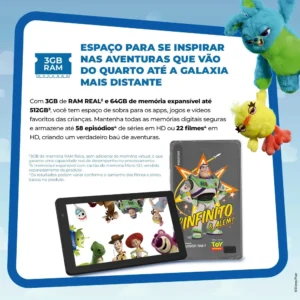 Tablet Infantil Positivo Vision TAB 7 Toy Story Disney 3GB RAM 64GB (expansível até 512GB) Octa-Core Tela 7” Wi-fi Android 14 Go, acompanha Mochila do Buzz Lightyear e Capa de Proteção de Silicone - Imagem 8