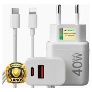 Carregador Turbo 40w Compativel Com iPhone 8 X Xr 11 12 13 14 Pro Max Usb Tipo C Duplo - Imagem 1