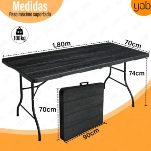 Yab - Mesa Dobrável 1,80 M Vira Maleta C/ Alça Resistente Camping Praia Premium Área Externa/interna 180cm Portátil - Cor Preto Amadeirado - Imagem 7