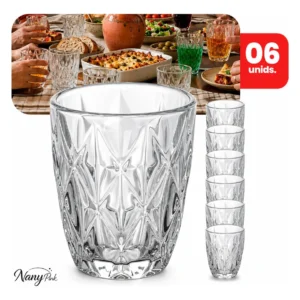 Jogo 6 Copos Diamond 300ml Vidro Grosso Diamante Egipcio Luxo Moderno Resistente Buffet Casual Baixos Transparente - Nany Pink - Imagem 1