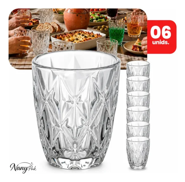 Jogo 6 Copos Diamond 300ml Vidro Grosso Diamante Egipcio Luxo Moderno Resistente Buffet Casual Baixos Transparente - Nany Pink