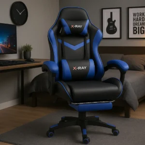 Cadeira Gamer Profissional Reclinável Apoio De Pés X-ray Cor Azul Material do estofamento Couro sintético - Imagem 1