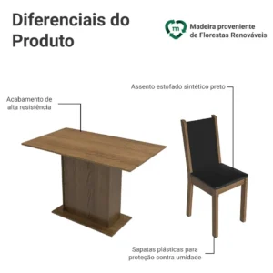 Sala De Jantar Madesa Talita Mesa Tampo Madeira 4 Cadeiras Cor Rustic/Preto/Sintético Preto Desenho do tecido das cadeiras Liso - Imagem 5