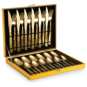 Eps-158 Kit Faqueiro Dourado Luxo Jogo Talheres Inox 24pçs + Maleta - Imagem 1