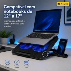 Suporte Notebook Dgx Base Mesa Led Refrigerada Ventilação 2 Cooler Silenciosa Cor Preto Led Azul - Imagem 1