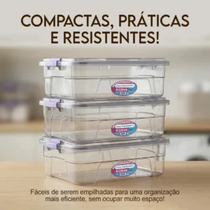 Caixa Organizadora Transparente 6 Litros Com Tampa Kit 3 Unidades Plástico Multiuso Empilhável Armazenamento Doméstico Ponte Lar - Imagem 6