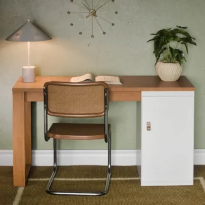 Mesa Escrivaninha Home Office Paris Para PC Computador Com 1 Porta E Puxador De Couro Para Escritório E Estudos Cor Branco Nature - Imagem 5