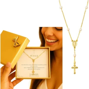 Presente Colar Terço Pérolas Semijoia Banhado A Ouro Com Mensagem - Imagem 1