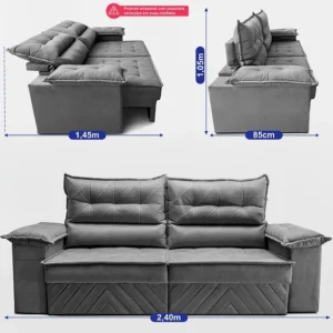 Sofá Retrátil 2,40m Molas E Espuma D33 Thunder. Cama Inbox - Imagem 4