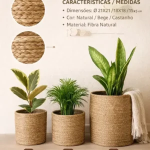 3 Cestos Organizador Rusticos Decoração Sala Quarto Liso Vaso Cachepot Palha Natural P M G Decora Ambiente Boho Cesta Com Proteção Multiuso Organização Decorativo Plantas Artificiais Ou Naturais - Imagem 3