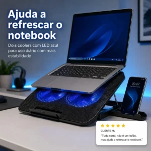Suporte Notebook Dgx Base Mesa Led Refrigerada Ventilação 2 Cooler Silenciosa Cor Preto Led Azul - Imagem 3