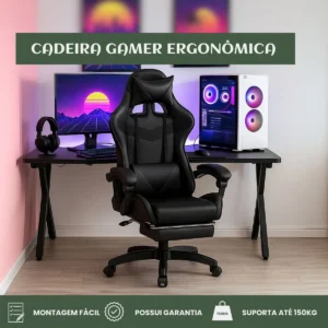 Cadeira De Escritório Gamer Nitro Ergonômica Estofado Couro Sintético Reclinável Altura Ajustável Apoio Para Pés Cor Preto Luvinco - Imagem 4