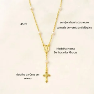 Presente Colar Terço Pérolas Semijoia Banhado A Ouro Com Mensagem - Imagem 2