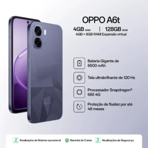 Smartphone OPPO A6t 128gb, 12gb Ram (4gb + 8gb Virtual Ram), Bateria Gigante de 6500mAh, Processador Snapdragon, Tela 120Hz, AI Câmera, IP64 - Violeta - Imagem 3
