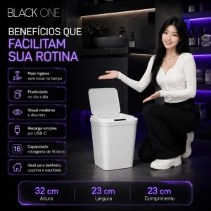 Lixeira Inteligente Automática Smart 16l Branco Recarregável Sensor Banheiro Cozinha Moderna - Imagem 2