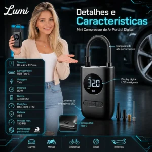 Compressor De Ar Digital Mini Portátil Recarregável Usb-c Para Pneus De Bicicleta Moto Carro Bolas Infláveis Preto - Imagem 4