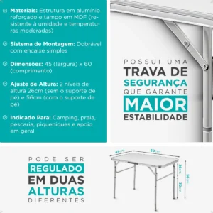 Mesa Dobrável 60x45 Vira Maleta Portátil Camping Churrasco - Imagem 3