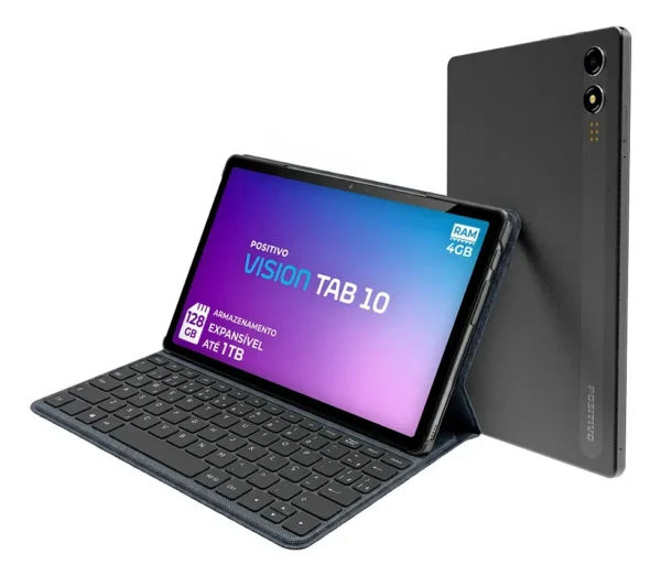 Positivo Vision TAB10 T3010 4GB RAM 128GB SSD com Capa Teclado Octa-Core 5 13MP Bateria 6000mAh Tela 10.1“ HD Wifi AC e 4G Full Lamination - Preto