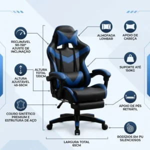 Cadeira De Escritório Gamer Nitro Ergonômica Estofado Couro Sintético Reclinável Altura Ajustável Apoio Para Pés Cor Azul Luvinco - Imagem 3