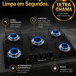 Fogão Cooktop Gás 5 Bocas Ultra Chama 127v/220v Preto - Imagem 6