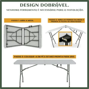 Mesa Dobrável Vira Maleta Com Alça Portátil 1.80m Para Camping Pesca Jardim Área Externa Ou Interna Salão De Festas Gourmet Cor BrancoLuvinco - Imagem 8