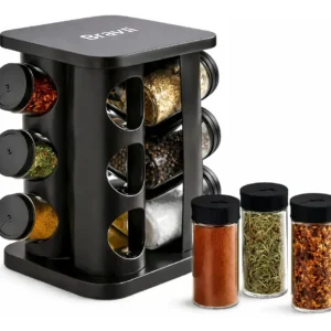 Porta Temperos Condimentos Giratório Kit 12 Potes De Vidro Com Tampa Dosadora 3 Regulagens Preto Quadrado Bravli - Imagem 1