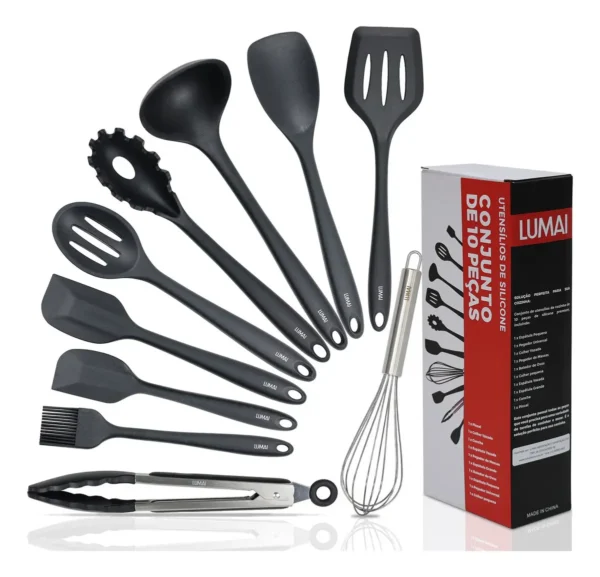 Lumai Kit de Utensilios de Cozinha de Silicone Maciço Miami Premium - Conjunto com 10 Peças Livre de BPA - Jogo com Espatulas Pegador Conchas Colheres Batedor de Ovos - Tamanho Grande e Pegada Firme