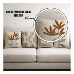 Kit 4 Capas De Almofada Linho Folhas Terracota Luxo 43x43cm Cru Estampada Folhagens - Imagem 3
