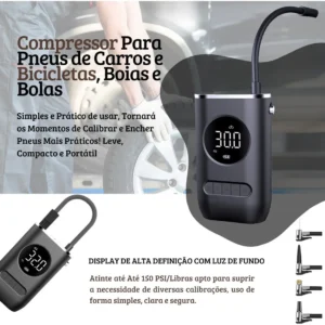 Mini Compressor Bomba Encher Pneu Carro Bicicleta Moto Eletrica Bola Portatil Digital - Imagem 4