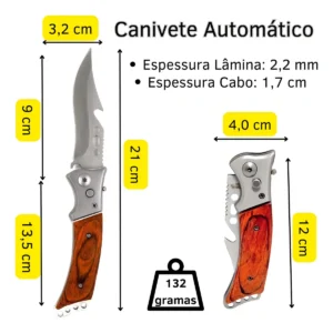 Canivete Tático Sq Comercio Cabo em Madeira Aço Inoxidável Automática - Imagem 6