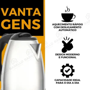 Chaleira Elétrica Rabello Home Shop Inox 1,8 Litros, Com Desligamento Automático e LED Indicador - Imagem 3