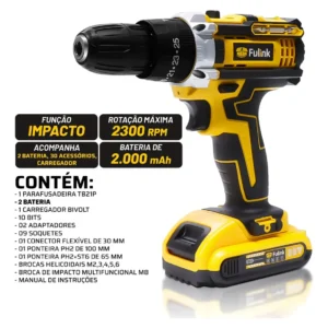 Parafusadeira Furadeira Impacto Fulink Profissional Fk-80pt 2 Baterias Com Maleta 60Hz Amarelo - Imagem 4