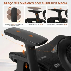 Cadeira Ergonomica,Cadeira Escritorio FivDaily L780, Giratória Reclinável 145°, Encosto Elevável Ajustável, Lombar Flutuante, Cabeça 8D, Braços 5D, Base Aço, Apoio Para Pés Para Home Office, Preto - Imagem 8