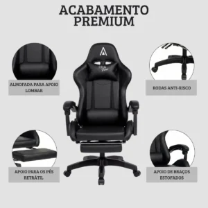 Cadeira Gamer Ergonômica Alpha Rija de Couro Sintético Preta - Imagem 8