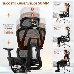 Cadeira Ergonomica,Cadeira Escritorio FivDaily L780, Giratória Reclinável 145°, Encosto Elevável Ajustável, Lombar Flutuante, Cabeça 8D, Braços 5D, Base Aço, Apoio Para Pés Para Home Office, Preto - Imagem 4