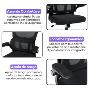 Cadeira Escritório Presidente Ergonômica NR17 Marqs Home Arcanis Preta com Apoio Lombar e Encosto Mesh Premium - Imagem 5