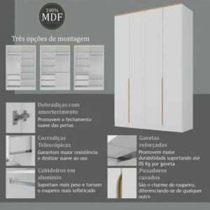 Guarda-roupa Solteiro 4 Portas 2 Gavetas Branco MDF Manbel 56x160,5x232,2 cm - Imagem 6