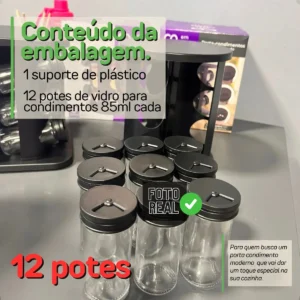 Porta Temperos Condimentos Giratório Kit 12 Potes De Vidro Com Tampa Dosadora 3 Regulagens Preto Quadrado Bravli - Imagem 8
