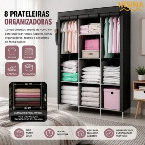 Guarda Roupa Dobrável Organizador Colmeia Preto 8 Prateleiras IRSINA - Imagem 4