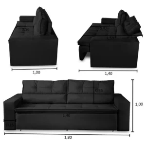 Sofá Retrátil Reclinável 3 Lugares C Molas 1,80m Vegas Suede Cor Preto - Imagem 4