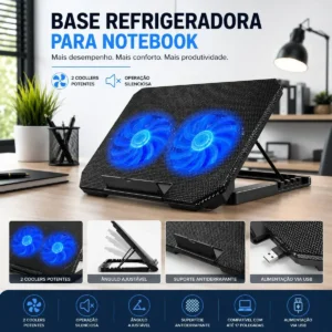 Suporte Base Refrigerada 2 Coolers Ventoinhas Resfriar Notebook Ventilação Silenciosa Ajustável Até 17 Pol Usb Cor Preto Led Azul - Imagem 3